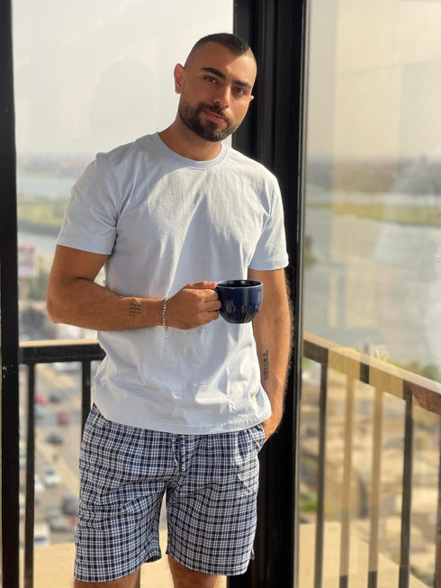 Men summer pajama set Light Blue T-shirt + Dark Blue X Light Blue Checkered Short